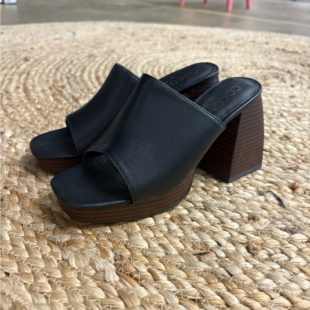 Coconuts by Matisse Black Leather Platform Block Heel Mules